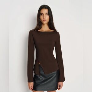 new Reformation Nicola boat neck side button knit top in Mole brown